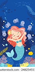 Mermaids life on a coral reef. Hand drawn vector illustration of vertical background in a blue palette colors