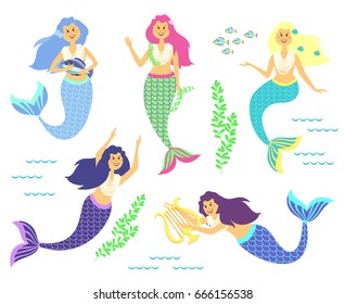 Mermaids. Little cute fish girls. Swimming pretty princess mermaids. Fish woman character,sea, ocean objects. Fantasy, fairy tale.Cartoon style vector children illustration