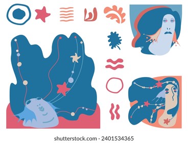 Mermaids and marine elements. Beautiful images of sirens and silhouettes of waterfowl. Vector illustrations on nautical theme. Isolated objects.