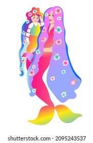 Mermaids. Mom and daughter. Children's illustration for prints, stickers, postcards, textiles, bags, notebooks, T-shirts, clothes. Design element. Vector illustration. Isolated.