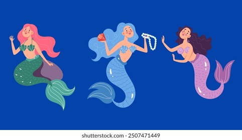 Mermaids on sea bottom simple flat line art style set. Vector graphic design illustration element