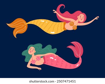 Mermaids on sea bottom simple flat line art style set. Vector graphic design illustration element