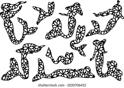 Mermaids outline silhouettes with geometric ornament. Decorative cut elements set on white background