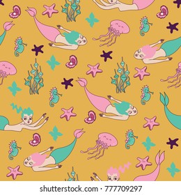 Mermaids pattern on a yellow background. Under the sea.Cute cartoon card whit seahorse, starfish and jellyfish.Seahorse and starfish pastel color. Marine inhabitants. Mythical sea mermaids