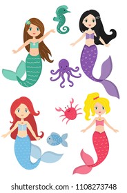 Mermaids princess and aquatic nature, Cute vector seahorse, crab, tropical fish and octopus. Isolated on white background.