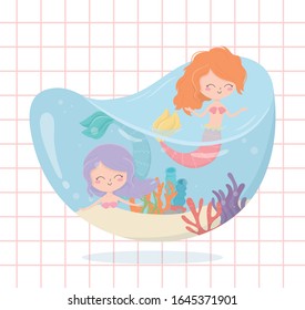 mermaids reef coral cartoon under the sea grid background vector illustration