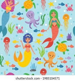 Mermaids with sea animals in the sea seamless pattern. Life under water. Cute mermaids, octopus, crab, sea turtle, jellyfish, fish. Wallpapers for children. Marine pattern. Vector illustration