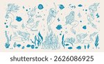 Mermaids and sea creatures - blue color. Sea collection doodle hand drawn. Big mermaid set. Vector illustrations.