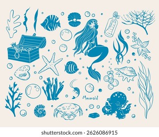 Mermaids and sea creatures - blue color. Sea collection doodle hand drawn. Big mermaid set. Vector illustrations.