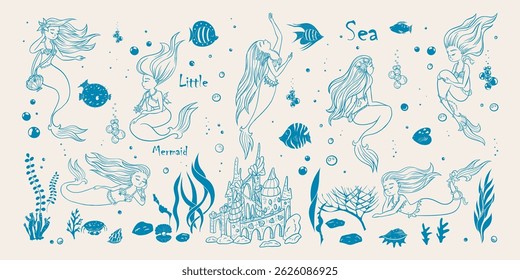 Mermaids and sea creatures - blue color. Sea collection doodle hand drawn. Big mermaid set. Vector illustrations.