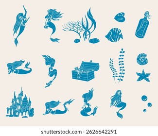 Mermaids and sea creatures - blue color. Sea collection doodle hand drawn. Big mermaid set. Vector illustrations.