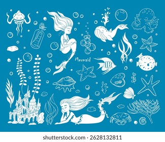 Mermaids and sea creatures - blue color. Sea collection doodle hand drawn. Big mermaid set. Vector illustrations.