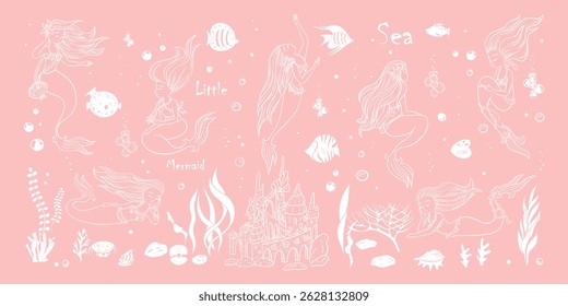 Mermaids and sea creatures - pink color. Sea collection doodle hand drawn. Big mermaid set. Vector illustrations.