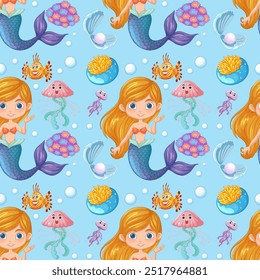 Mermaids and sea creatures in a seamless pattern