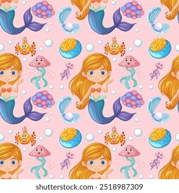 Mermaids and sea creatures in a seamless pattern