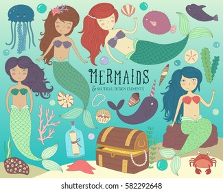 Mermaids and Sea Life Vector Illustration