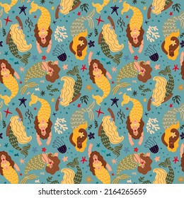 Mermaids seamless background. Seamless pattern with mermaids and marine animals. Vector illustration