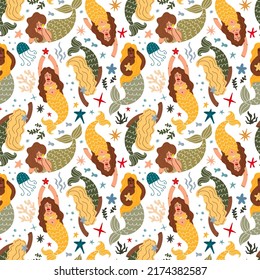 Mermaids seamless background. Seamless pattern with mermaids and marine animals. Vector illustration