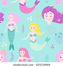 Mermaids Seamless Pattern in Childish Style. Kids Background with Cute Marine Girls and Abstract Elements for Fabric Textile, Wallpaper, Decoration. Vector illustration