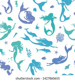 Mermaids, seashells, fihes, dolfins and seaweeds silhouette seamless pattern, vector illustration.Marine background for textile, prints, paper products, the Web.