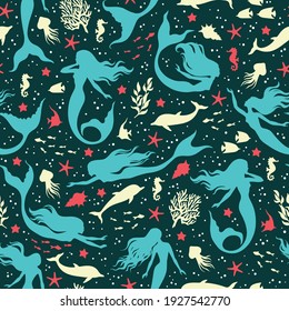 Mermaids, seashells, fihes, dolfins and seaweeds silhouette seamless pattern, vector illustration.Marine background for textile, prints, paper products, the Web.