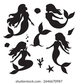 Mermaids, seashells, and mermaid tail silhouette vector illustration set