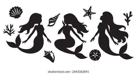 Mermaids and seashells silhouette vector illustration in various poses.