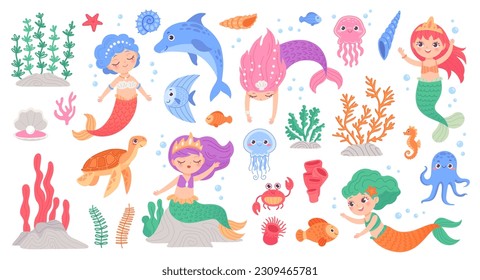 Mermaids and seaweed. Swimming mermaid little princess with sea plant and marine animals, sticker for child aquarium ocean underwater girl characters ingenious vector illustration of character mermaid