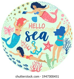 Mermaids set. Mermaids, ocean girl, bikini summertime swimming pretty sirens with fish tail. Cartoon sea life, mermaids and ocean animal vector round concept. Vector illustration