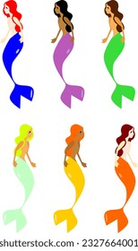 mermaids set vector multi ethnic color elegant cute