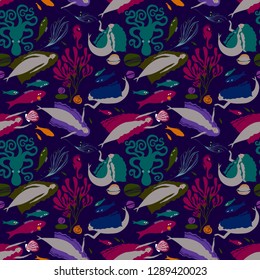 mermaids swim in the ocean among fish, plants and octopuses, seamless vector pattern for textiles and prints