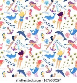 Mermaids and Swimmers girls seamless pattern on blue background, vector illustration. Cute mermaids, algae, fish and corals seamless pattern, ocean underwater magic female swimmers vector illustration