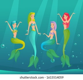 Mermaids swimming flat vector illustration. Fantasy underwater creatures. Beautiful women with fish tails smiling cartoon characters. Fairy tale human with fin. Marine female nymphs.