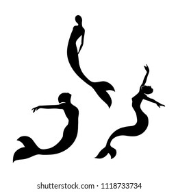 mermaids swimming, vector silhouette.