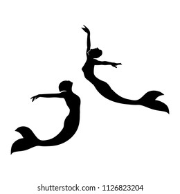 mermaids swimming, vector silhouette