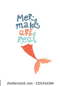 Mermaid's tail hand drawn flat vector illustration. Mermaids are real lettering. Underwater magical life. Marine mythical creature and fish, seaweed cartoon clipart