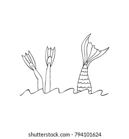 Mermaid's tail and man's legs in the sea. Illustration about summer. Vector. 