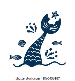 Mermaid's tail silhouette with fishes, splashes, shell, starfish. Hand drawn vector illustration isolated on white background. Marine summer design.