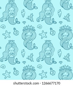 Mermaids under the sea. Seamless pattern on a turquoise background.  Print for textile, fabric, posters, decor, greeting cards, paper, clothes, wallpaper. Vector design for kids, children, babies.