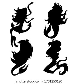 Mermaids vector black silhouettes set isolated on a white background.