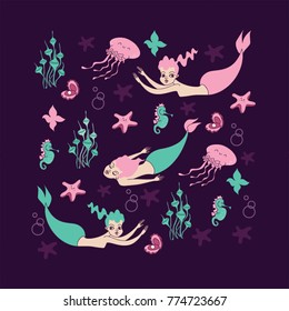 Mermaids vector illustration. Cute cartoon card whit little mermaid.Under the sea. Seahorse and starfish pastel color. Seaweed and pearl in the shell cartoon style.
Vector illustration. Little fantasy