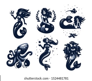 Mermaids. Woman with a fish tail. Octopus, crab, ramp. Set of vector illustrations.