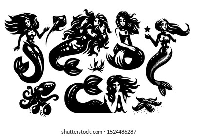 Mermaids. Woman with a fish tail. Octopus, crab, ramp. Set of vector illustrations.