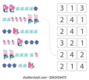 Mermaids. Worksheet for teaching mathematics and numeracy. For preschool children and kindergarten children. Vector, cartoon style.