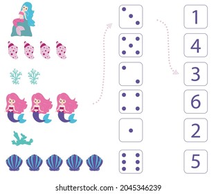 Mermaids. Worksheet for teaching mathematics and numeracy. For preschool children and kindergarten children. Vector, cartoon style.