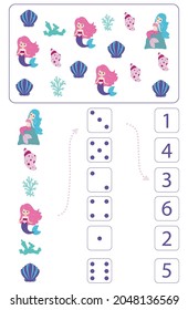 Mermaids. Worksheet for teaching mathematics and numeracy. For preschool children and kindergarten children. Vector, cartoon style.