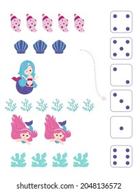 Mermaids. Worksheet for teaching mathematics and numeracy. For preschool children and kindergarten children. Vector, cartoon style.
