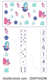 Mermaids. Worksheet for teaching mathematics and numeracy. For preschool children and kindergarten children. Vector, cartoon style.