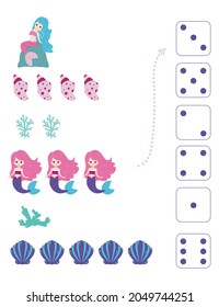 Mermaids. Worksheet for teaching mathematics and numeracy. For preschool children and kindergarten children. Vector, cartoon style.