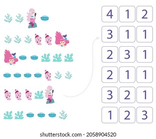 Sirenas. Hoja de trabajo para la enseñanza de matemáticas y aritmética. Para niños en edad preescolar y niños en guardería. Vector, estilo de dibujos animados.